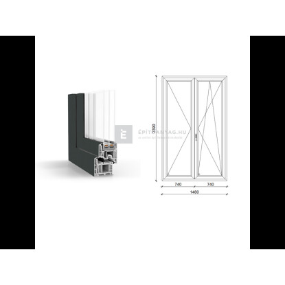 150x240 cm, nyíló/bukó-nyíló, váltószárnyas, jobbos, antracit/fehér, háromrétegű üvegezésű GreenEvolution 76 B műanyag erkélyajtó