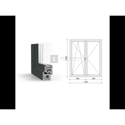 180x210 cm, nyíló/bukó-nyíló, váltószárnyas, balos, antracit/fehér, háromrétegű üvegezésű GreenEvolution 76 B műanyag erkélyajtó