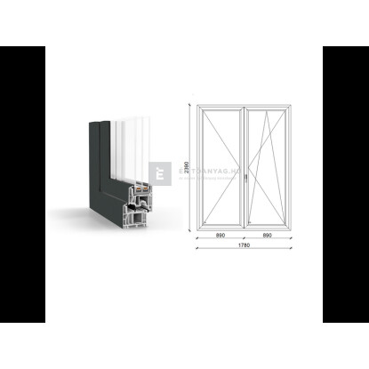 180x240 cm, nyíló/bukó-nyíló, váltószárnyas, jobbos, antracit/fehér, háromrétegű üvegezésű GreenEvolution 76 B műanyag erkélyajtó