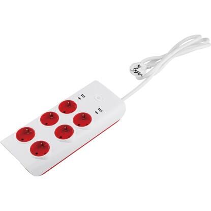 6-os csatlakozóaljzat USB portokkal és kapcsolóval fehér
