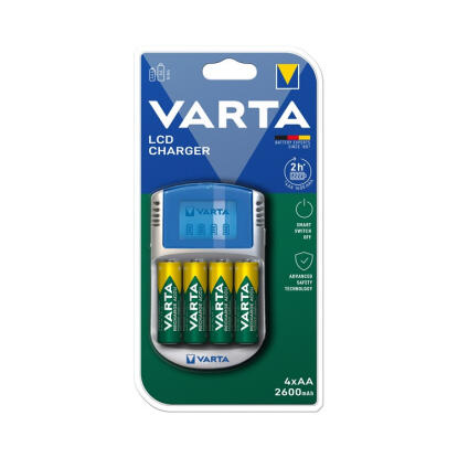 Elemtöltő, AA ceruza/AAA mikro, 4x2600 mAh AA, LCD kijelző, 12V USB, VARTA