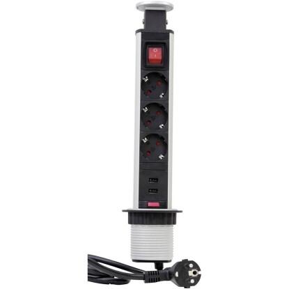 Energiaoszlop asztalba süllyeszthető 3 dugalj + USB kapcsolóval 1,5 m