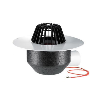 HL64.1P/7 Lapostető lefolyó vízszintes DN75, PVC szigetelő tárcsával, fűthető (10-30W/230V), lombfogó kosárral
