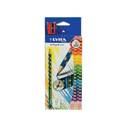 Színes ceruza LYRA Groove Slim háromszögletű vékony 12 db/készlet+hegyező